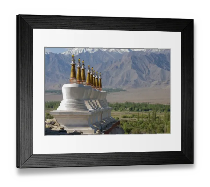 Framed Print : India, Jammu & Kashmir, Ladakh, white chortons with gold spires overlooking a valley
