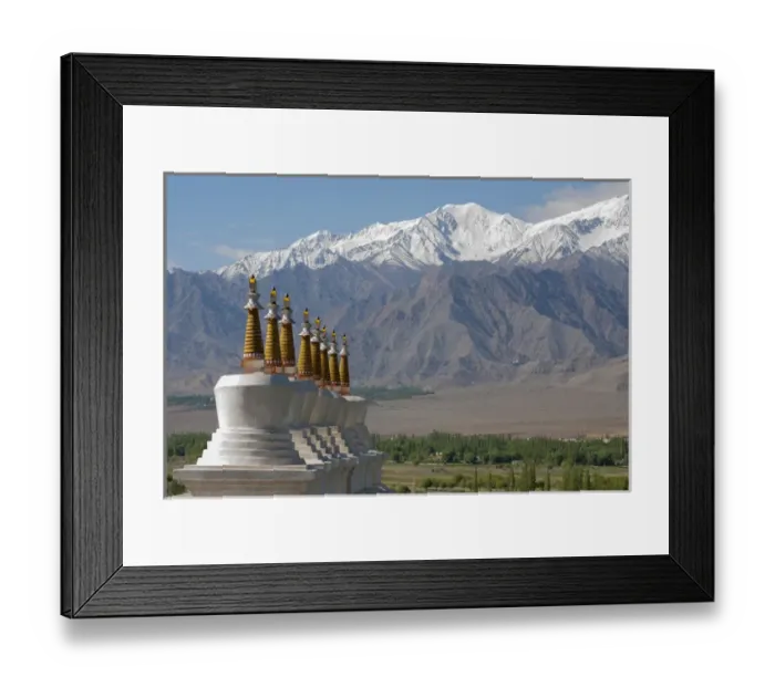 Framed Print : India, Jammu & Kashmir, Ladakh, white chortons with gold spires overlooking a valley Framed Print : India, Jammu & Kashmir, Ladakh, white chortons with gold spires overlooking a valley