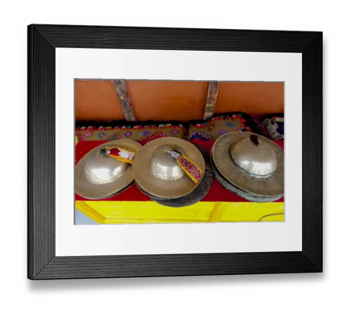 Framed Print : India, Jammu & Kashmir, Ladakh, three sets of brass cymbals at Hemis Monastery Framed Print : India, Jammu & Kashmir, Ladakh, three sets of brass cymbals at Hemis Monastery