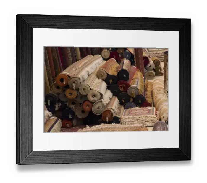 Framed Print : Asia, India, Rajasthan, Jaipur, the making of carpets. Rolled carpets for sale