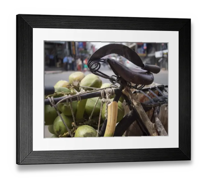 Framed Print : A machete and a group of coconuts sit inside a bicycle in Bangalore, Karnataka, India