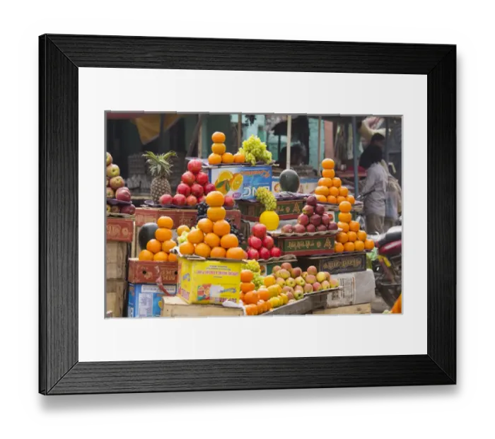 Framed Print : India, Uttar Pradesh, Varanasi. Assorted fresh fruits for juice and eating at a street Framed Print : India, Uttar Pradesh, Varanasi. Assorted fresh fruits for juice and eating at a street