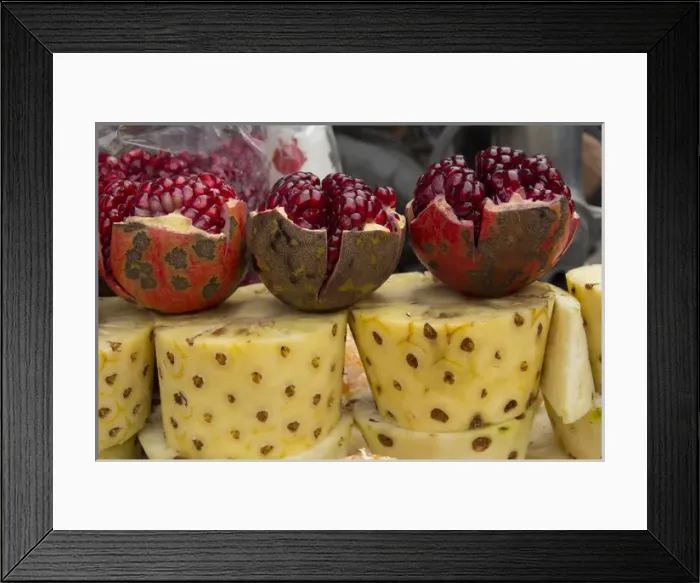 Framed Print : Asia, India, New Delhi, street vendors cart with display of opened pomegranates Framed Print : Asia, India, New Delhi, street vendors cart with display of opened pomegranates