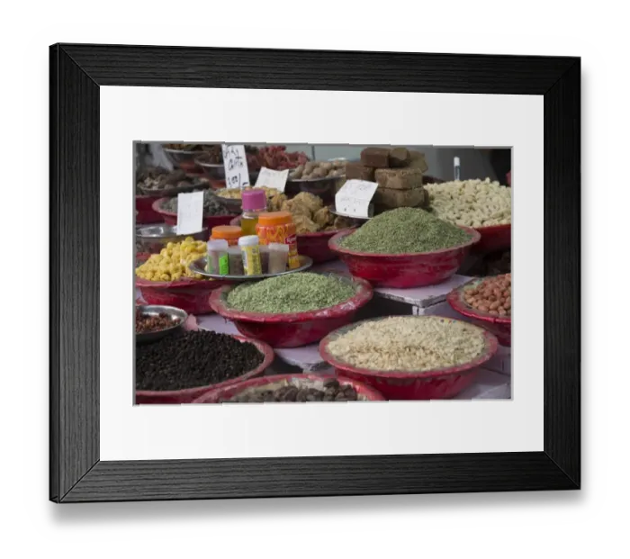 Framed Print : Asia, India, New Delhi, street market, spices, nuts and legumes for sale Framed Print : Asia, India, New Delhi, street market, spices, nuts and legumes for sale
