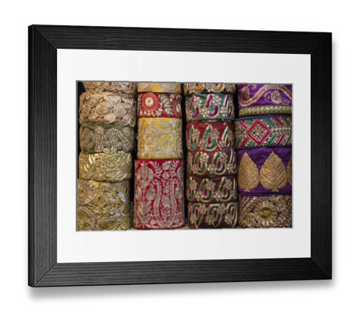 Framed Print : Asia, New Delhi, color brocade materials for sale Framed Print : Asia, New Delhi, color brocade materials for sale