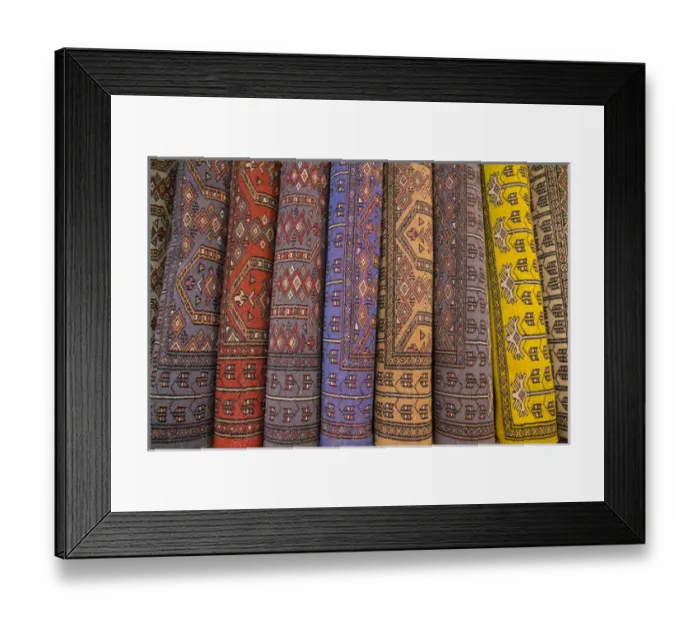 Framed Print : Asia, India, Rajasthan, Jaipur, the making of carpets. Rolled carpets for sale