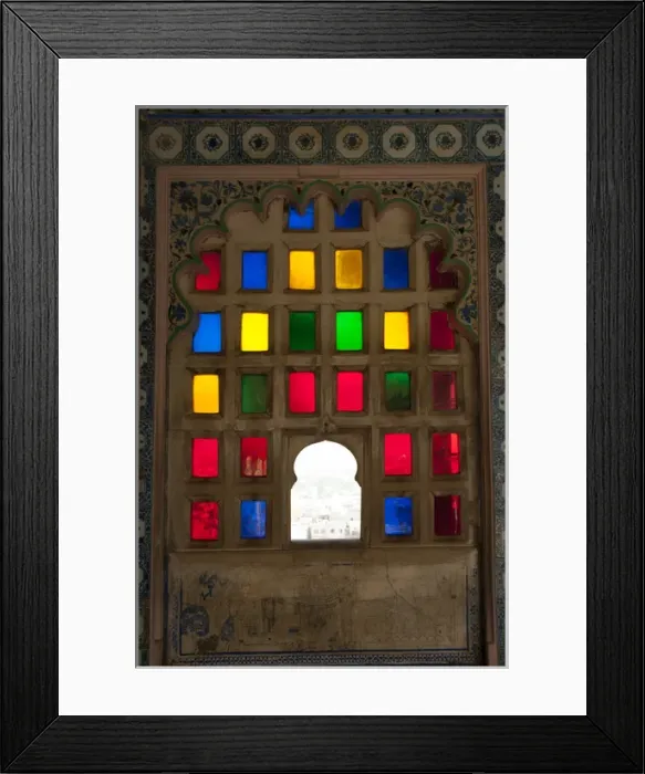 Framed Print : Brightly colored glass window, City Palace, Udaipur, Rajasthan, India