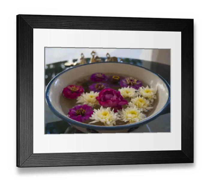 Framed Print : Flowers in a bowl of water, Rawal Jojawar Hotel, Jojawar, Rajasthan, India