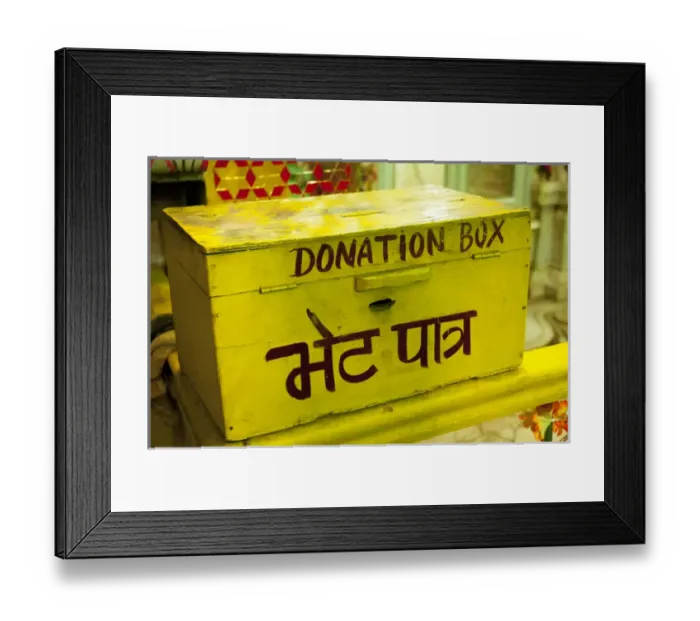 Framed Print : Donation box, Shree Laxmi Narihan Ji Hindu Temple, Jaipur, Rajasthan, India