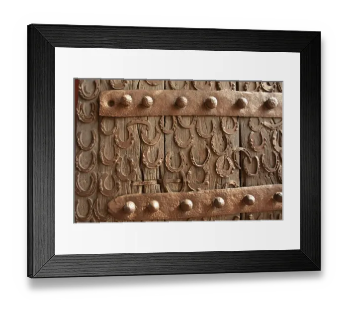 Framed Print : Horseshoes decorate a wooden door, Jama Masjid, Fatehpur Sikri, Uttar Pradesh, India