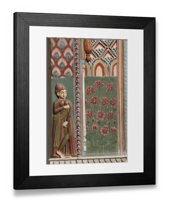 Framed Print : Jaipur, Rajasthan, India. City Palace. Wood carved wall with Lotus flowers, painted decorations