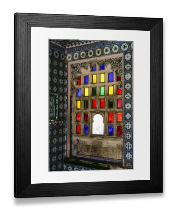 Framed Print : Udaipur, Rajasthan, India. Stain glass window with byzantine tile and scallop arch Framed Print : Udaipur, Rajasthan, India. Stain glass window with byzantine tile and scallop arch