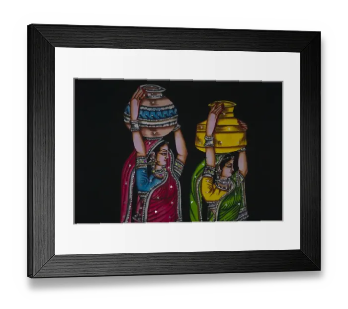 Framed Print : Tapestry depicting Indian girls carrying jars on head, Jaipur, Rajasthan, India
