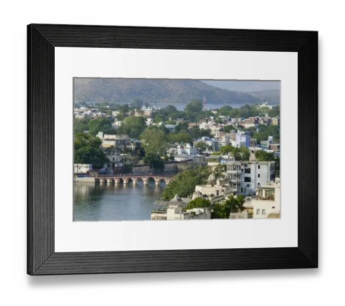 Framed Print : Cityscape of lake and architecture, Udaipur, Rajasthan, India