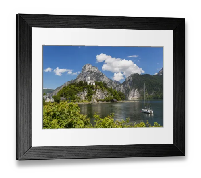 Framed Print : Church overlooking Traunsee lake, Traunkirchen, Upper Austria, Austria