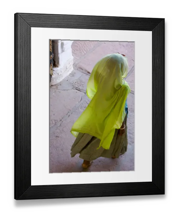 Framed Print : Rajasthan indian, A woman in a beautiful green scarf walking away Framed Print : Rajasthan indian, A woman in a beautiful green scarf walking away