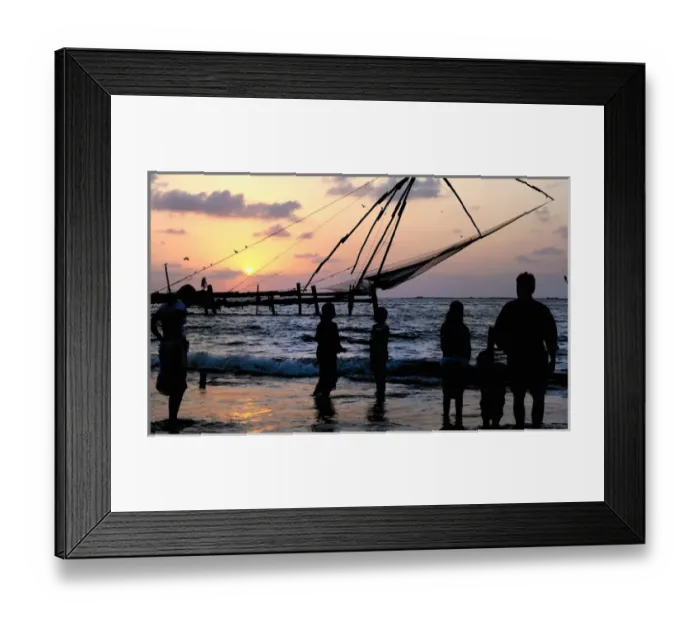Framed Print : Asia, India, Kerala, Kochi (Cochin). A silhouette of people and a Chinese fishing net
