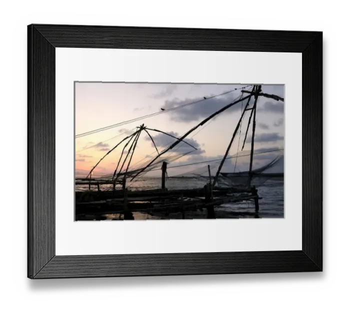 Framed Print : Asia, India, Kerala, Kochi (Cochin). A silhouette of a Chinese fishing net