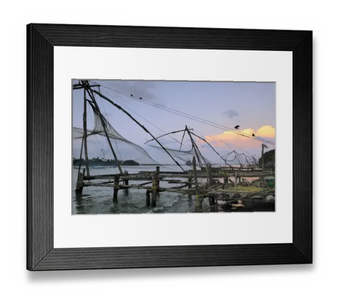 Framed Print : Asia, India, Kerala, Kochi (Cochin). A silhouette of a Chinese fishing net Framed Print : Asia, India, Kerala, Kochi (Cochin). A silhouette of a Chinese fishing net