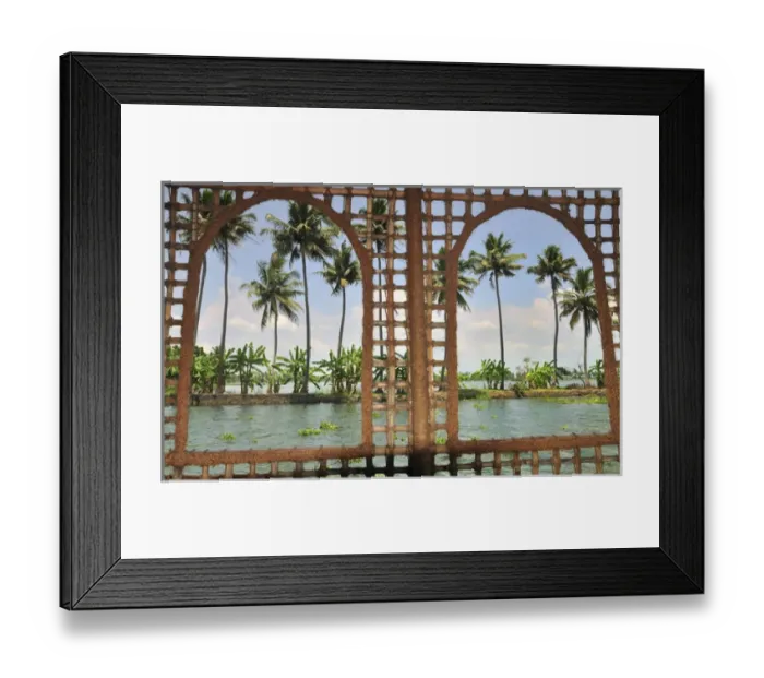 Framed Print : Asia, India, Kerala (Backwaters). Shoreline of the Kerala Backwaters from a houseboat