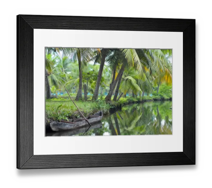 Framed Print : Asia, India, Kerala (Backwaters). A dugout canoe tied up alongside a Kerala Backwaters Framed Print : Asia, India, Kerala (Backwaters). A dugout canoe tied up alongside a Kerala Backwaters