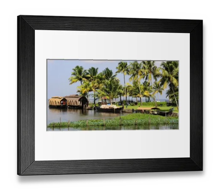 Framed Print : Asia, India, Kerala (Backwaters). Houseboats docked along shore at the Kumarakom Resort Framed Print : Asia, India, Kerala (Backwaters). Houseboats docked along shore at the Kumarakom Resort