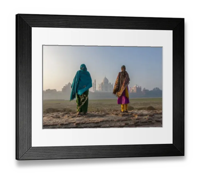 Framed Print : Women walking Mehtab Bagh, Moon Garden across from Taj Mahal in morning mist. Agra. India