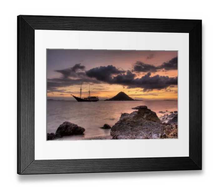Framed Print : Indonesia, Komodo National Park. Sunset on anchored phinisi schooner used by diving tourists Framed Print : Indonesia, Komodo National Park. Sunset on anchored phinisi schooner used by diving tourists
