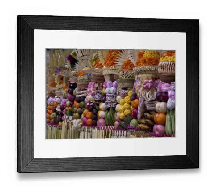 Framed Print : Indonesia, Bali, Bedulu. Row of colorful offerings at Pura Samuan Tiga temple. Credit as