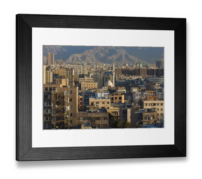 Framed Print : Iran, Tehran, elevated city view with mosque, dawn Framed Print : Iran, Tehran, elevated city view with mosque, dawn