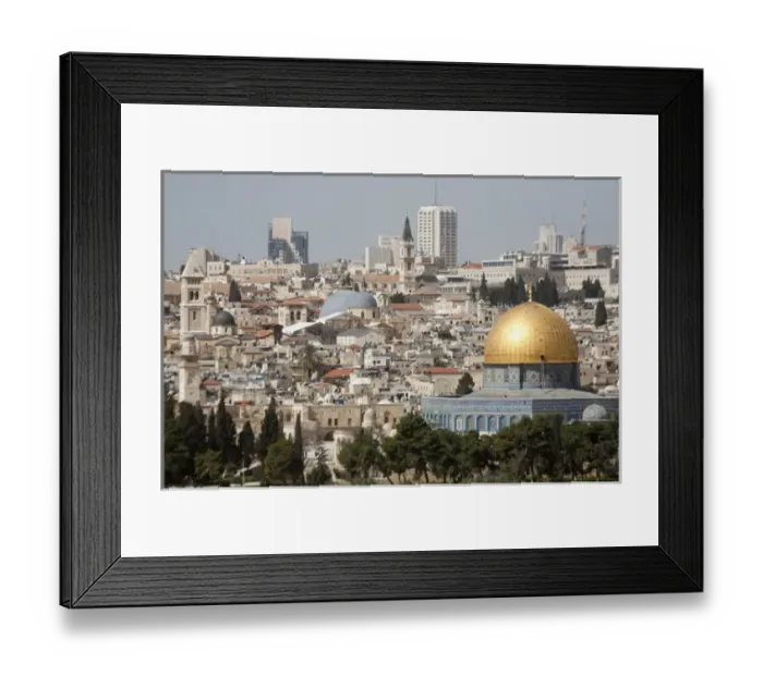Framed Print : View of ancient walled city of Jerusalem with Golden Dome of the Rock and modern