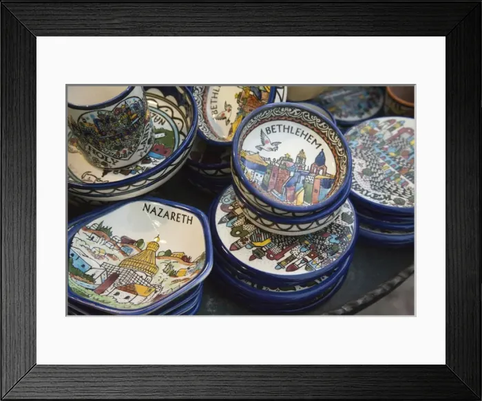 Framed Print : Local ceramic ware with Biblical themes on Nazareth, Israel sidewalk Framed Print : Local ceramic ware with Biblical themes on Nazareth, Israel sidewalk