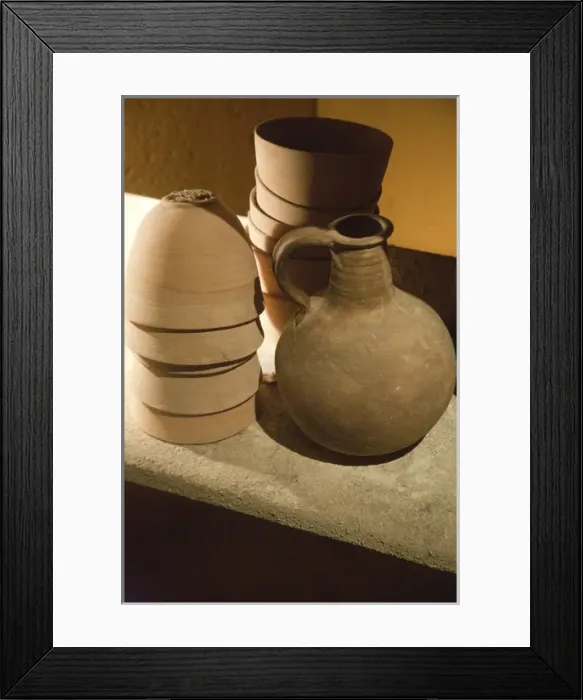Framed Print : Replicas of ancient Essene pottery at the Qumran National Park Visitors Center on the Dead Sea
