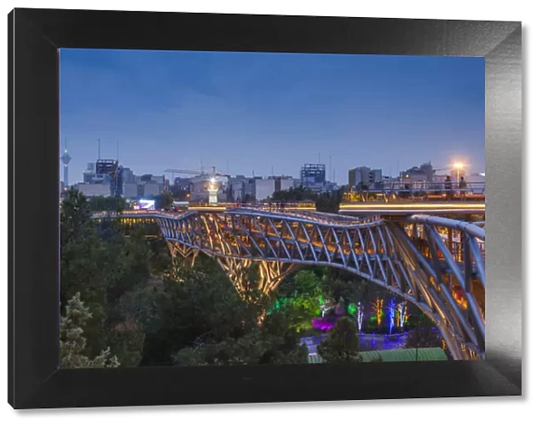 Iran, Tehran, city skyline from the Pole e Tabiat Nature Bridge, designed by Canadian-Iranian