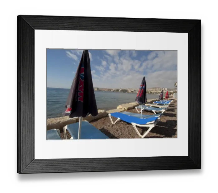 Framed Print : Israel, Eilat, beach lounge chairs and umbrellas along the sea at this popular resort Framed Print : Israel, Eilat, beach lounge chairs and umbrellas along the sea at this popular resort