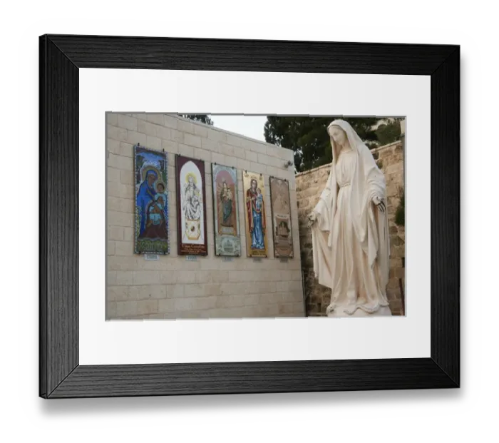 Framed Print : Statue of the Virgin Mary, mother of Jesus Christ, greets pilgrims and worshipers Framed Print : Statue of the Virgin Mary, mother of Jesus Christ, greets pilgrims and worshipers