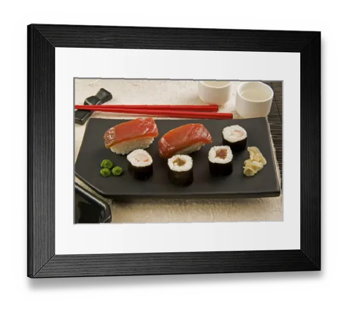 Framed Print : Sushi (Nigiri with salmon and Norimaki with rice, algae and fish), wasabi cream Framed Print : Sushi (Nigiri with salmon and Norimaki with rice, algae and fish), wasabi cream