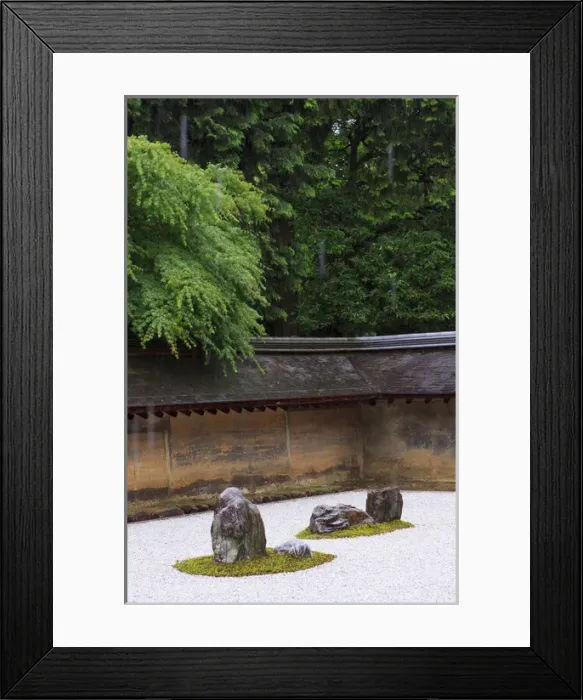 Framed Print : The carefully placed rocks and raked gravel gardens of the Zen garden of Ryoan-Ji Temple in Kyoto Framed Print : The carefully placed rocks and raked gravel gardens of the Zen garden of Ryoan-Ji Temple in Kyoto