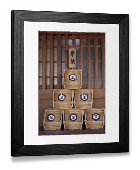 Framed Print : Decorative barrels of sake on display at Hokkaido Jingu in Sapporo, which Framed Print : Decorative barrels of sake on display at Hokkaido Jingu in Sapporo, which