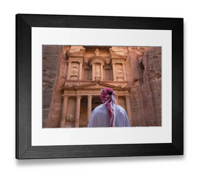 Framed Print : Arab man watching Facade of Treasury (Al Khazneh), Petra, Jordan (UNESCO World Heritage