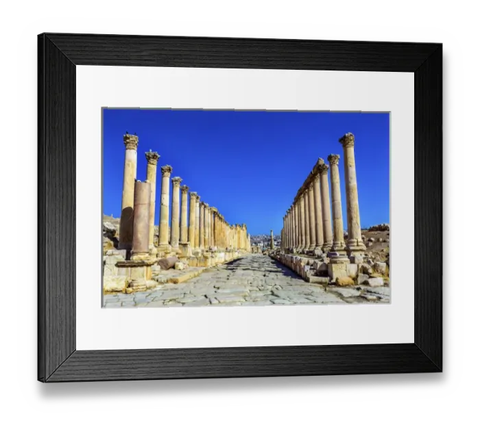 Framed Print : Corinthian Columns Ancient Roman Road City Jerash Jordan. Jerash came to power 300 BC to 100 AD Framed Print : Corinthian Columns Ancient Roman Road City Jerash Jordan. Jerash came to power 300 BC to 100 AD