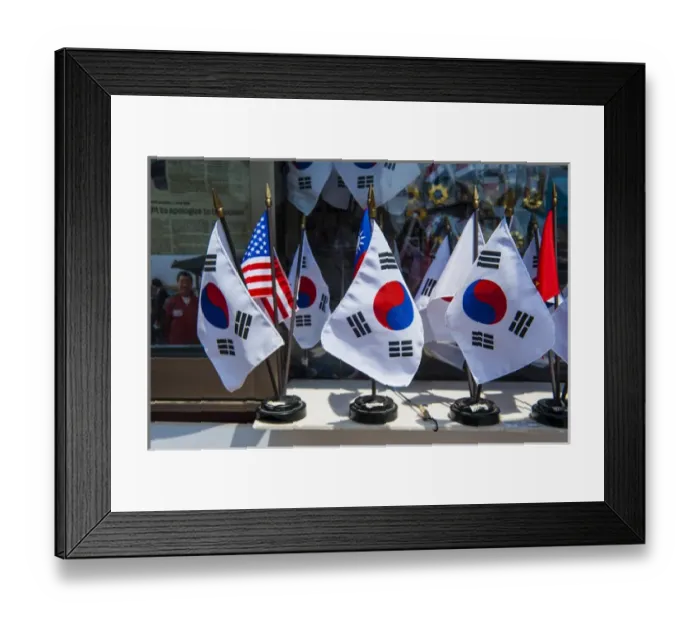 Framed Print : Memorial flags at the high security border between South and North Korea, Panmunjom Framed Print : Memorial flags at the high security border between South and North Korea, Panmunjom