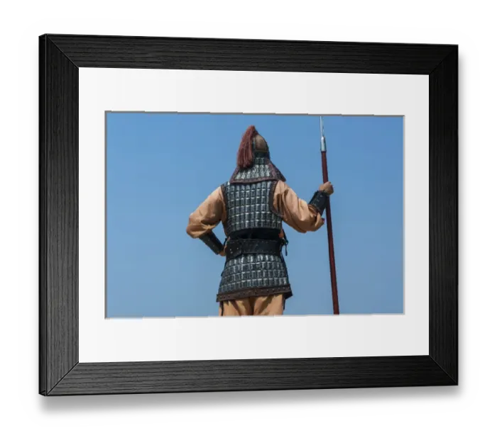 Framed Print : Backside of traditional dressed guard at Gongsanseong castle, Gongju, South Chungcheong Province