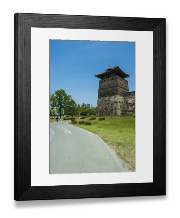 Framed Print : Huge stone walls around the Unesco world heritage sight the fortress of Suwon, South Framed Print : Huge stone walls around the Unesco world heritage sight the fortress of Suwon, South
