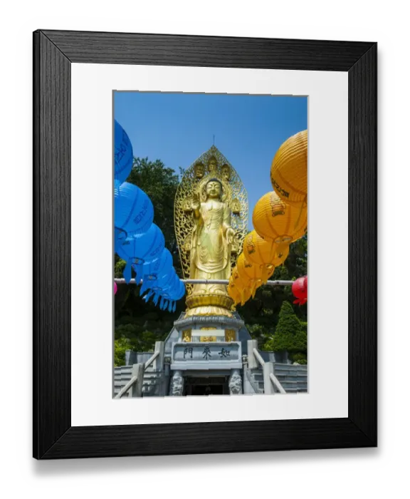 Framed Print : Colourful paper lanterns before a golden bussha in the Unesco world heritage sight Framed Print : Colourful paper lanterns before a golden bussha in the Unesco world heritage sight