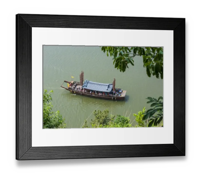 Framed Print : Traditional dragon boat, Baengma river, Buso mountain fortress in the Busosan park Buyeu