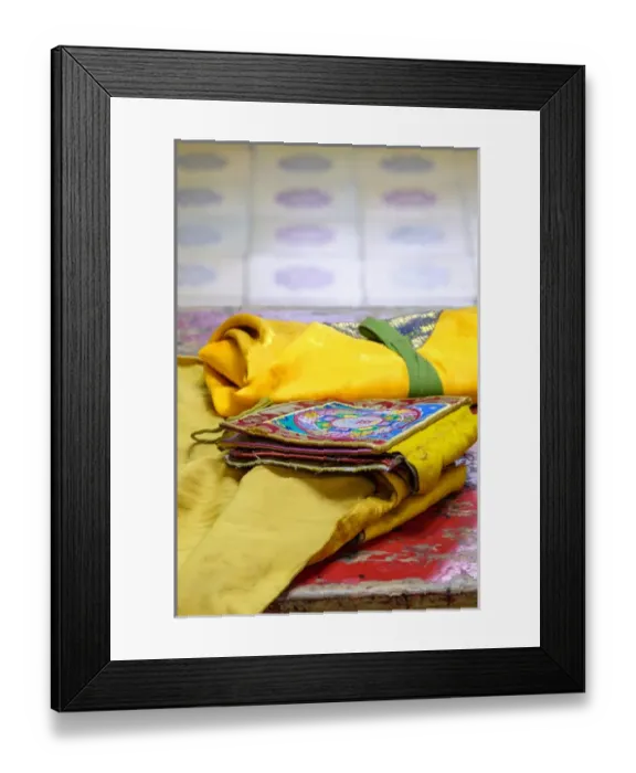 Framed Print : Asia, Mongolia, Ulaanbaatar, Gandantegchinlen (Gandan) Monastery. Cloth prayer booklets