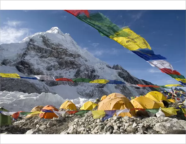 Nepal, Mount Everest. The tents of mountaineers are scattered along the Khumbu Glacier