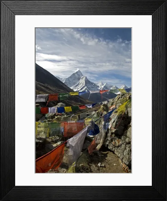 Framed Print : Nepal. Prayer flags are hung along the Everest Base Camp Trail with the peak of Ama Framed Print : Nepal. Prayer flags are hung along the Everest Base Camp Trail with the peak of Ama