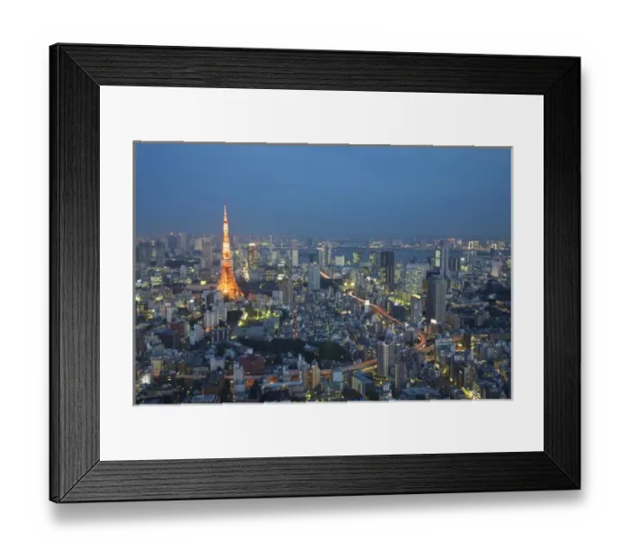 Framed Print : Japan, Tokyo. Sunset aerial of downtown including Tokyo Tower and Rainbow Bridge